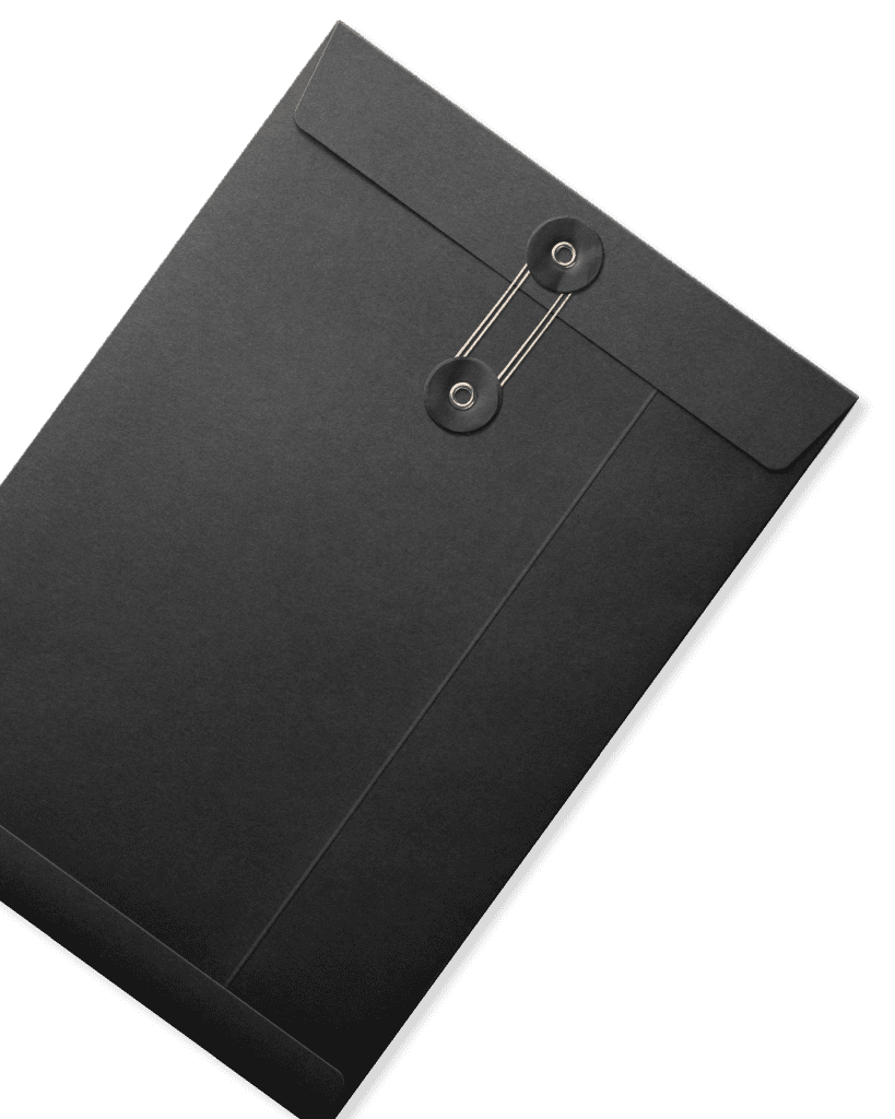 Black envelope with metal fasteners for legal fee documents.